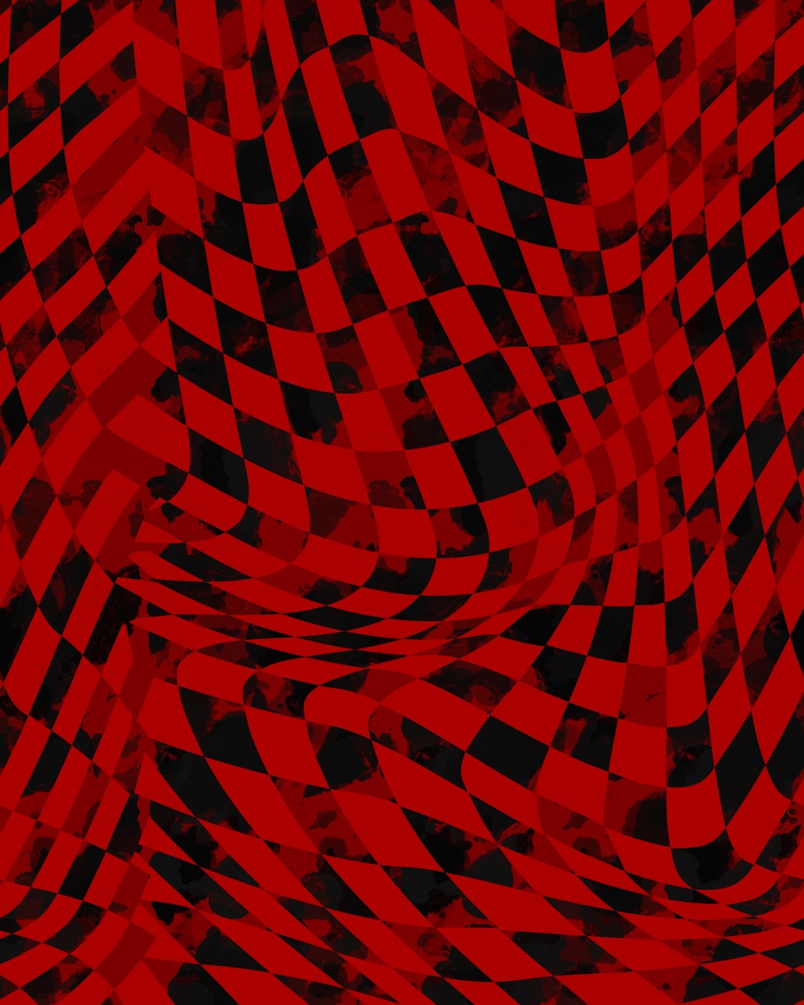 Red and black checkered optical illusion wallpaper with wavy, distorted geometric patterns creating a sense of movement and depth.
