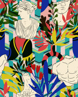 bright wallpaper featuring grecian or roman statues and also showing bold flowers and leaf outlines in bold colours. geometric pattern in the background. orange, cobalt blue, lime green and white make up the colour palette