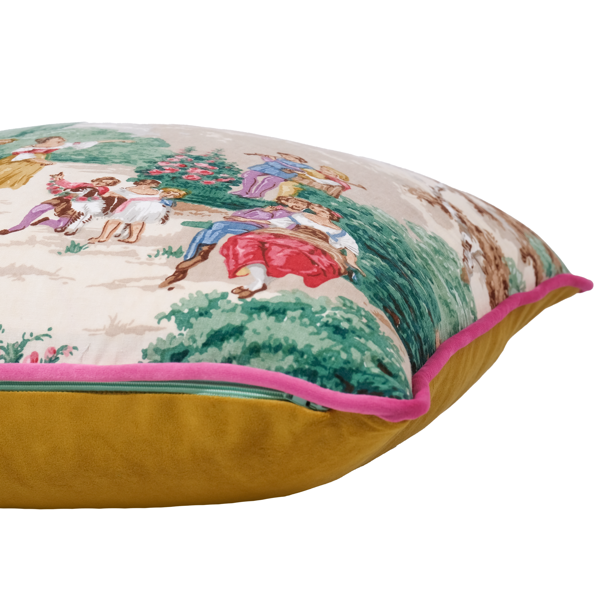 Decorative pillow with a colorful scene of people in a garden on a white background