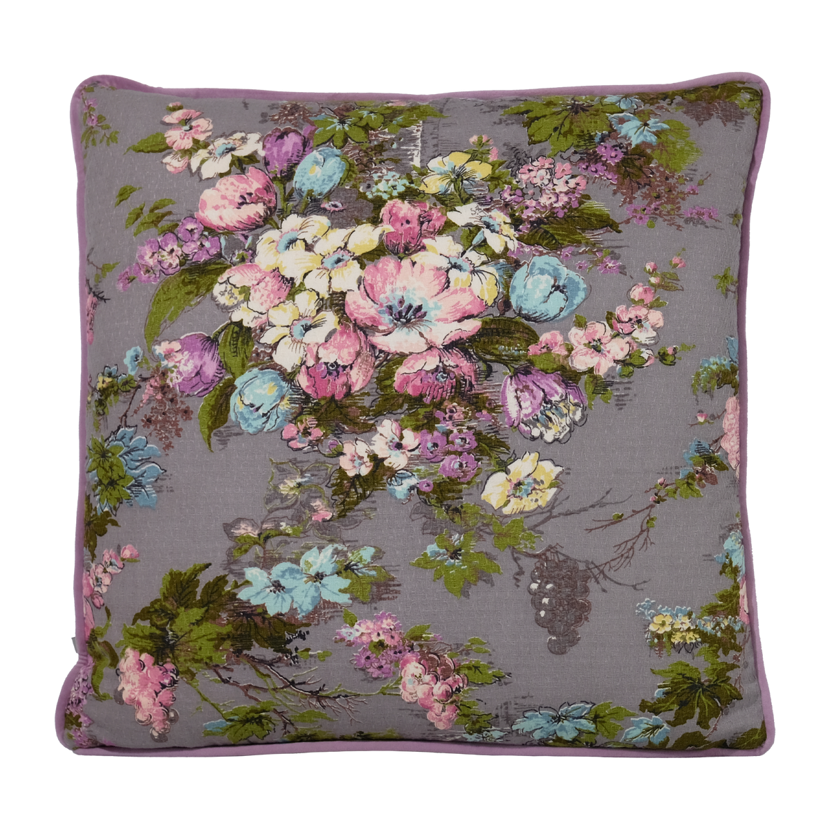 A square decorative throw pillow featuring a vintage floral tapestry pattern on a muted gray background with pink, blue, and white flowers, green leaves, and a dusty purple piped edge.