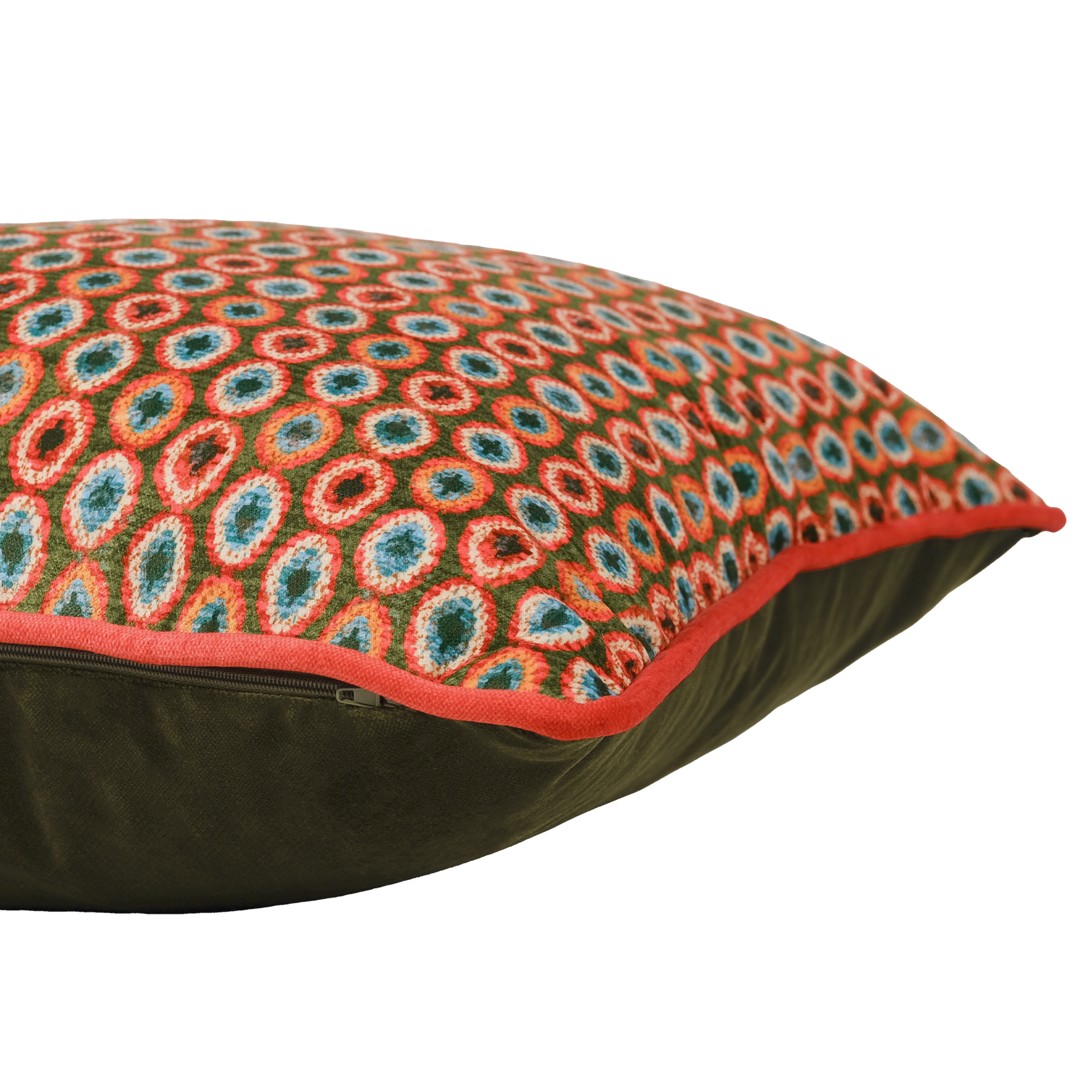 Side shot of a decorative pillow with a geometric pattern in orange and olive green