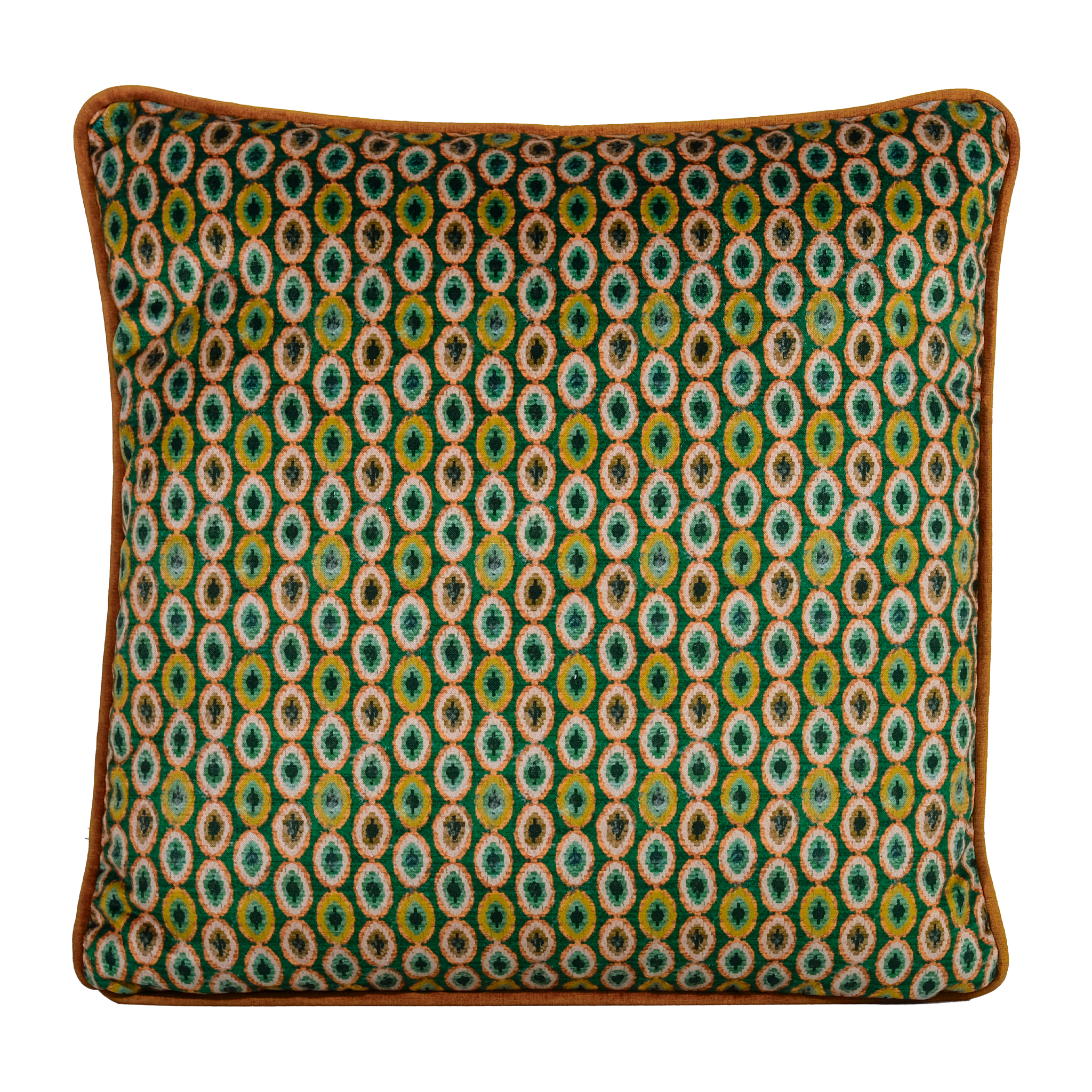 A square decorative throw pillow featuring an intricate geometric medallion pattern in green, teal and umber ,finished with a solid rust-brown piped edge.