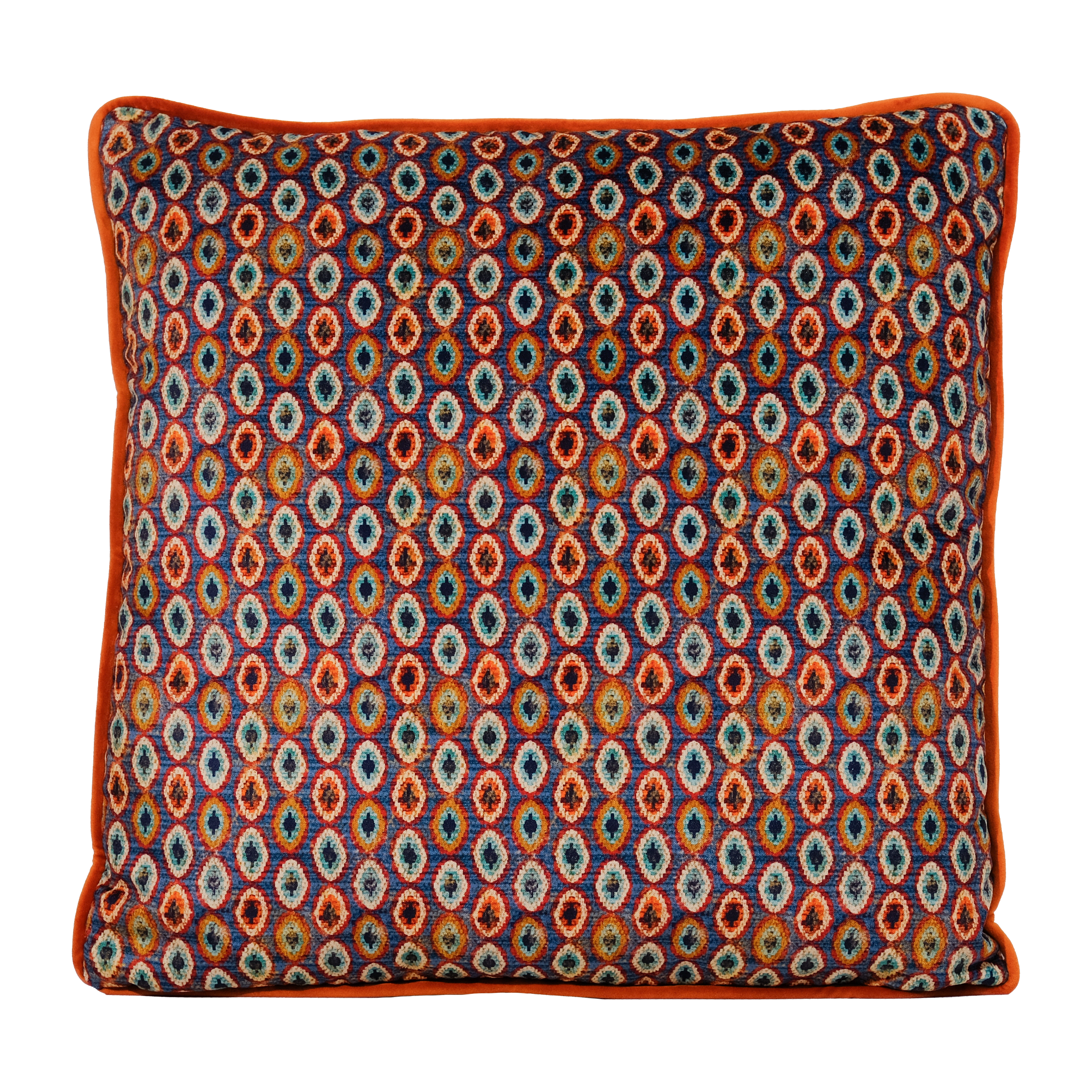 Decorative pillow with a geometric pattern of oval medallions in blue and brown