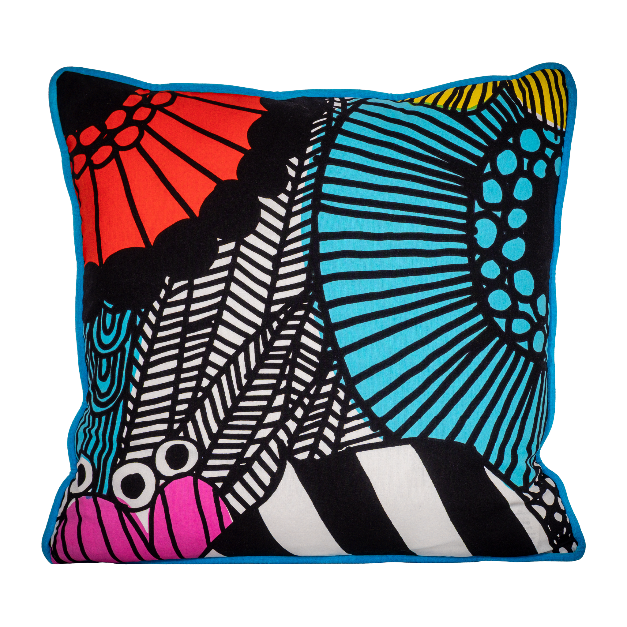 Graphic cushion with black and white and bright colours