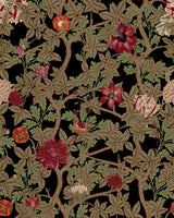 Dark floral wallpaper with rich red, cream, and orange blooms, green leaves, and winding vines on a dramatic black background