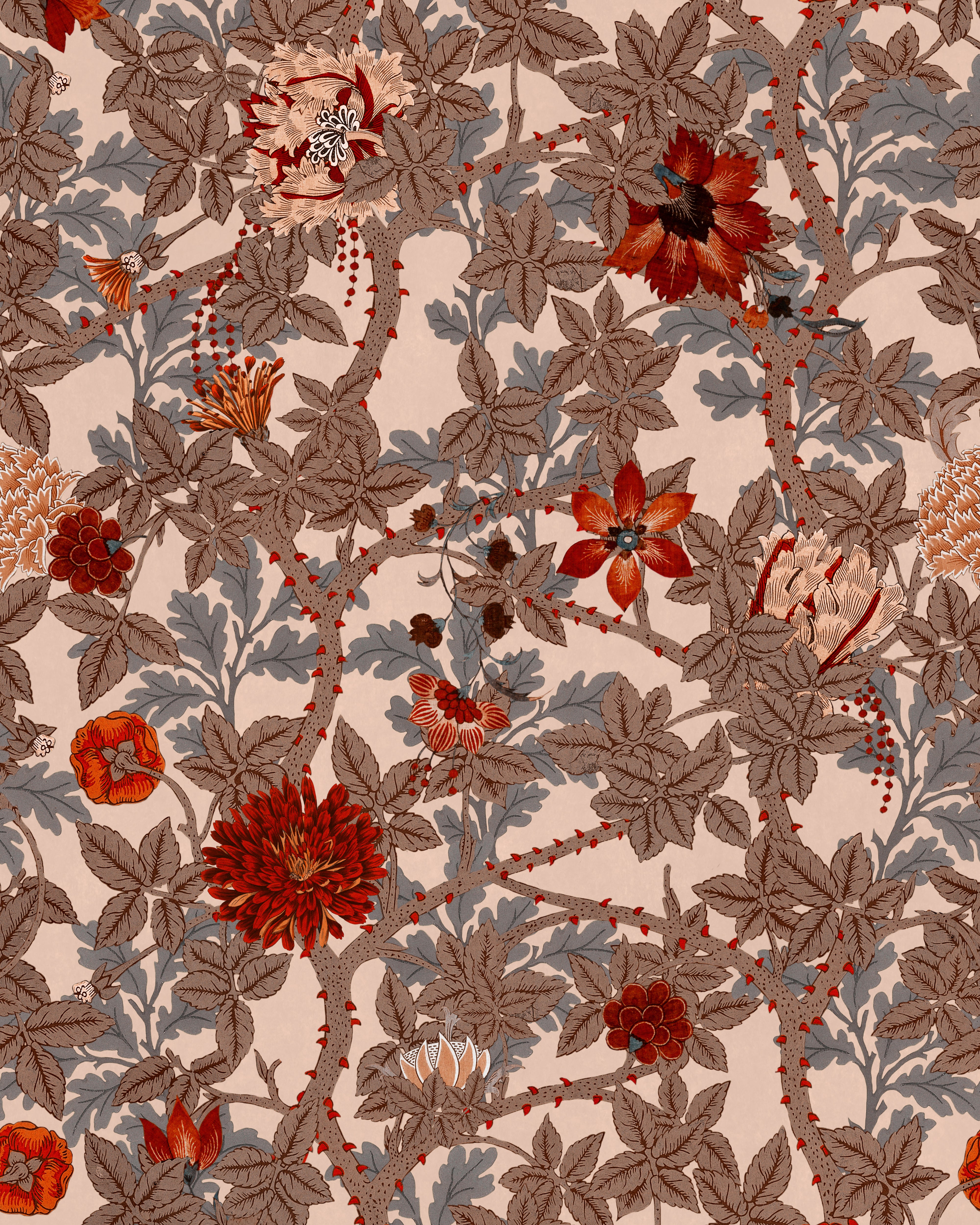 Vintage-style wallpaper with blooming red, orange, and cream flowers, twisting vines, and grey foliage on a soft blush background