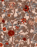 Vintage-style wallpaper with blooming red, orange, and cream flowers, twisting vines, and grey foliage on a soft blush background