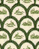 Wallpaper 'The Hunter Artichoke' with green pastoral scenes of a hunter framed by dark green leafy arches on a soft cream background