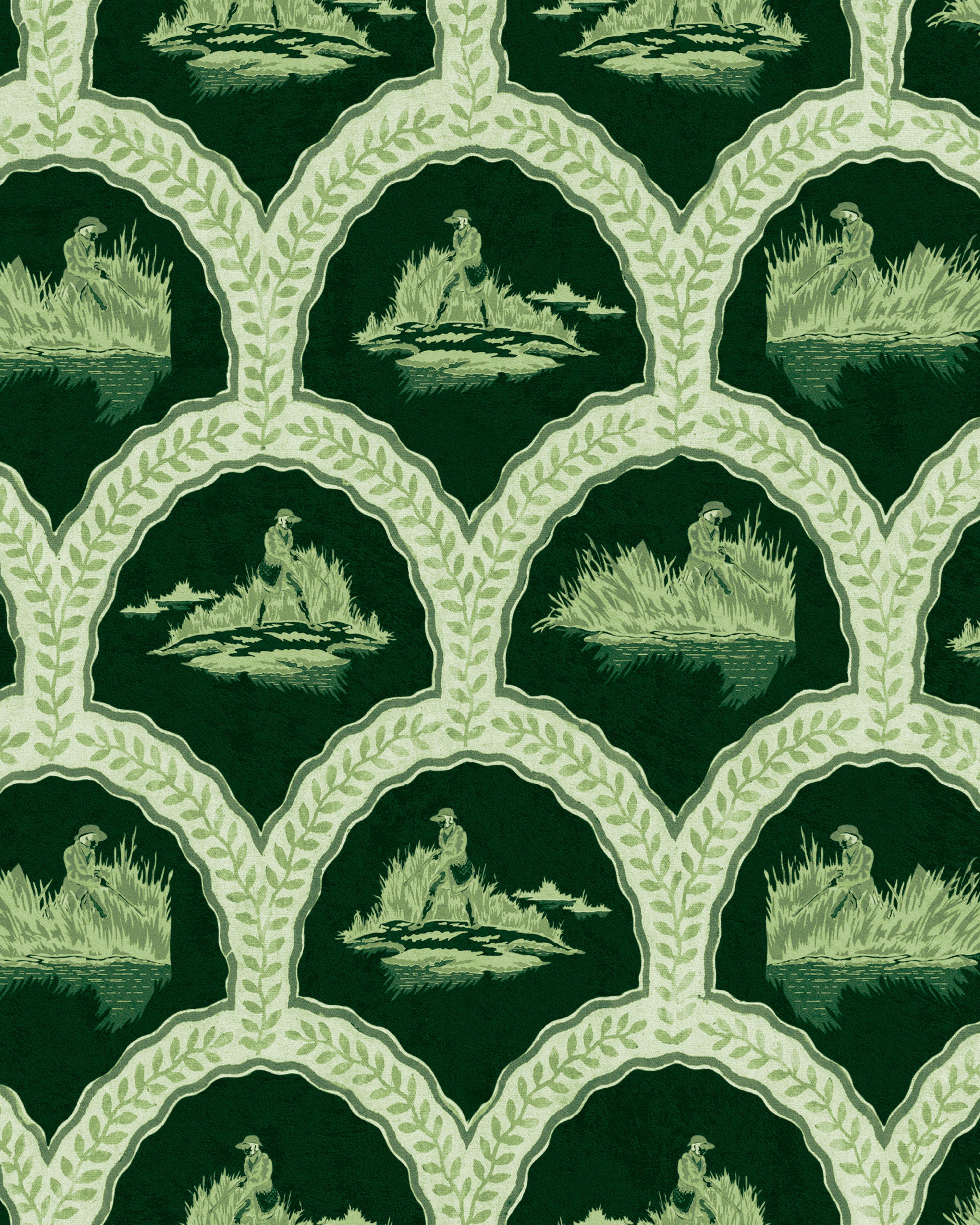 The hunter evergreen wallpaper from mind the gap features a repeating pattern of arch-shaped motifs outlined in green laurel leaves. Each arch encloses an illustrated rural scene of a person harvesting grass or reeds near water, rendered in tones of green.