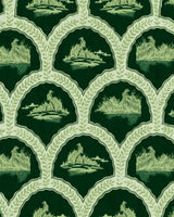 The hunter evergreen wallpaper from mind the gap features a repeating pattern of arch-shaped motifs outlined in green laurel leaves. Each arch encloses an illustrated rural scene of a person harvesting grass or reeds near water, rendered in tones of green.