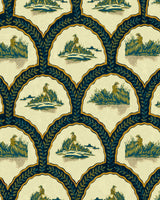The Hunter pale green wallpaper from mind the gap features a repeating pattern of arch-shaped motifs outlined in dark navy blue laurel leaves. Each arch encloses an illustrated rural scene of a person harvesting grass or reeds near water, rendered in muted tones of green, beige, and blue. The background is a yellowish cream colour