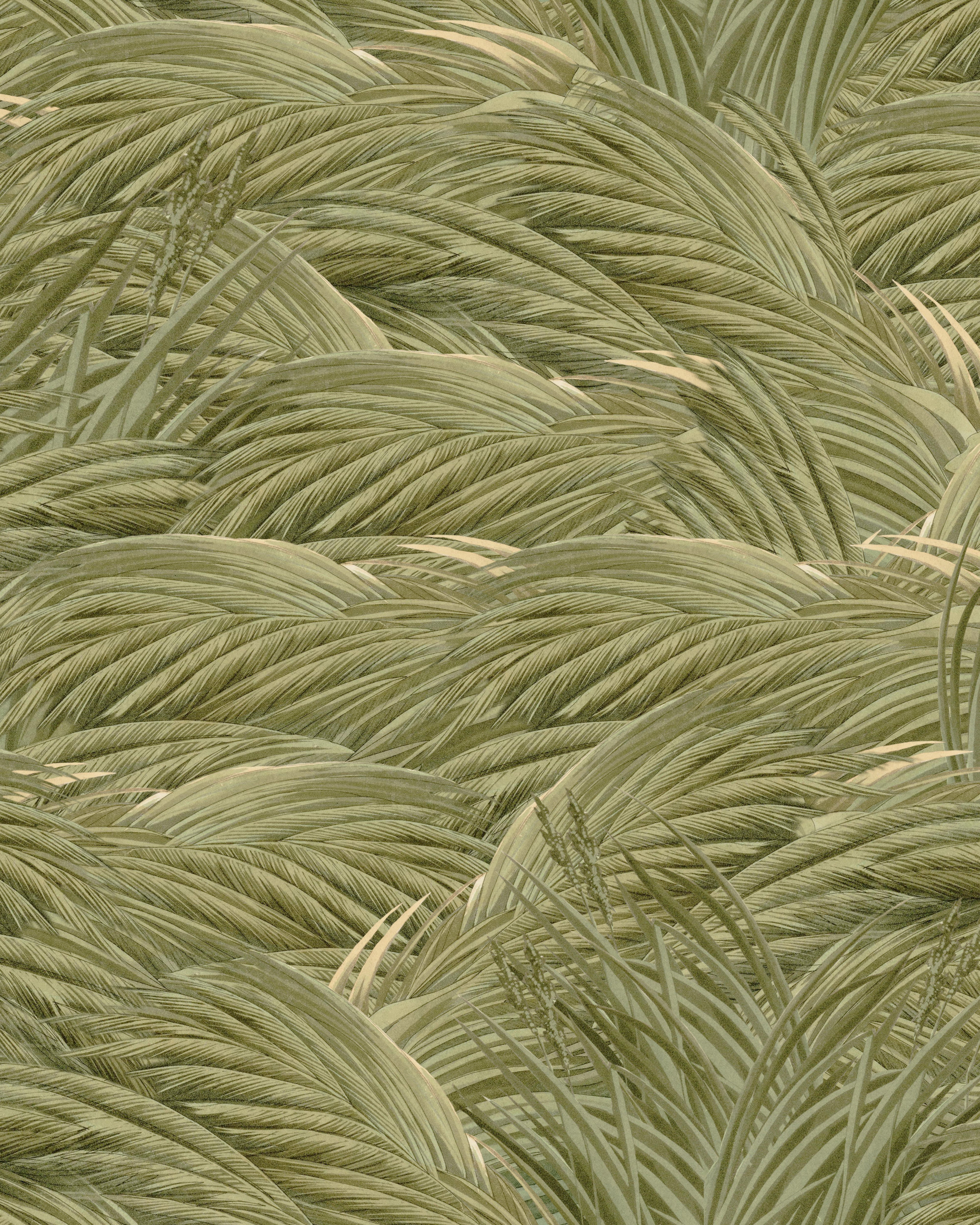 Triflora spring wallpaper: Overlapping earthy light green wheat and grasses fill the frame, creating a dense, textured pattern with no background