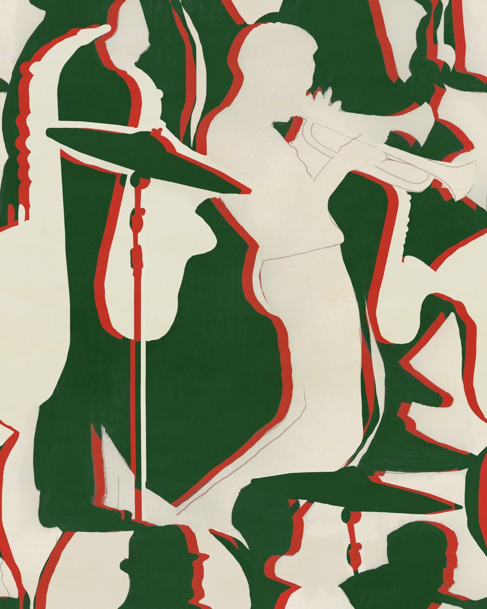 green background with cream silhouette shapes of instruments and musicians thin red lines around some of the cream shapes