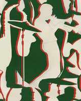 green background with cream silhouette shapes of instruments and musicians thin red lines around some of the cream shapes