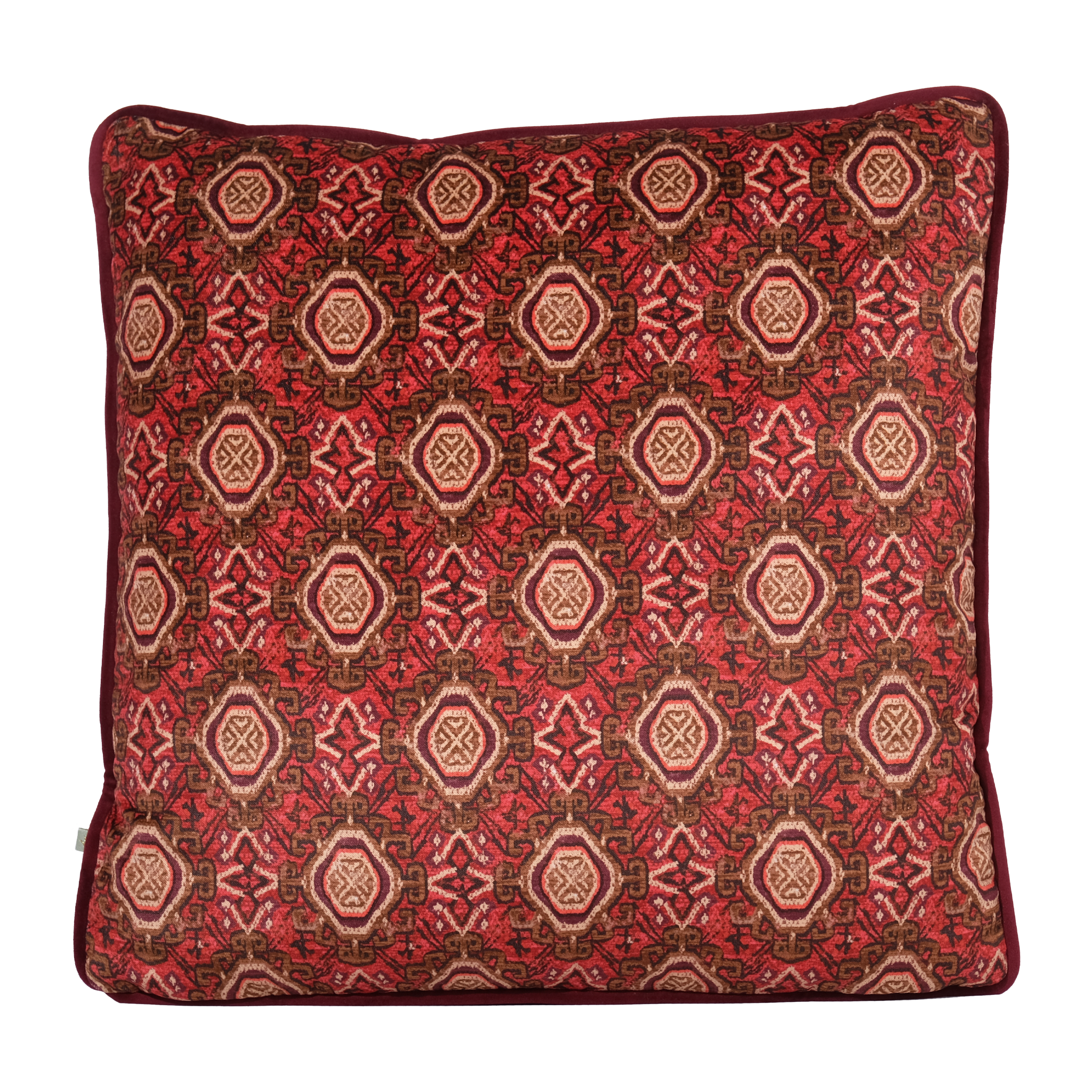 Decorative pillow with a red and brown Persian geometric pattern