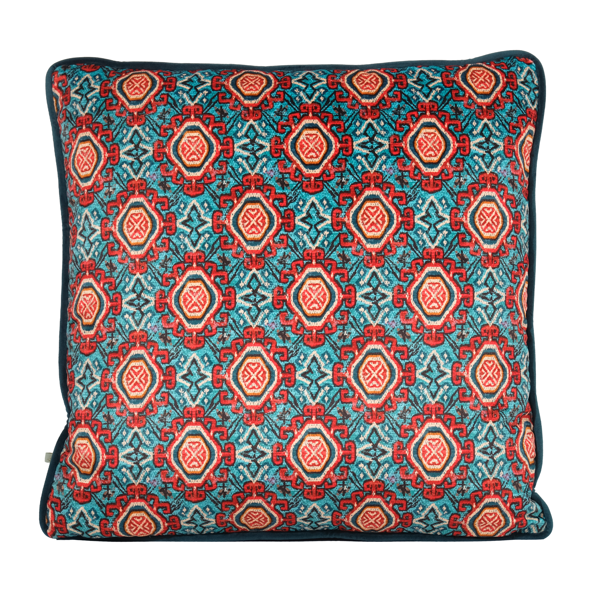 Decorative pillow with a red and aqua Persian geometric pattern