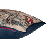 Side shot of a printed linen cushion featuring a classic english hunting scene