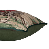 Side shot of a linen cushion depicting a traditional English hunting scene