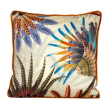 Decorative pillow with colorful feather design on a white background