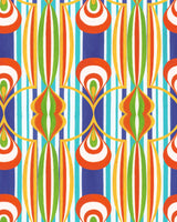 A multicolored wallpaper with an intricate pattern of stripes and teardrop shapes in red, blue, green, and yellow, creating a vibrant retro look
