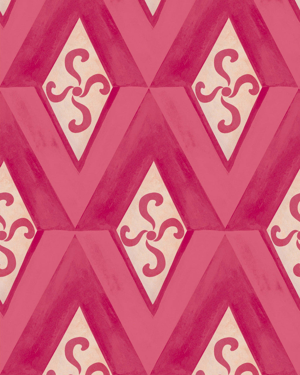 A striking pink wallpaper with geometric diamond patterns and swirling floral motifs, adding a bold, vintage-inspired feel