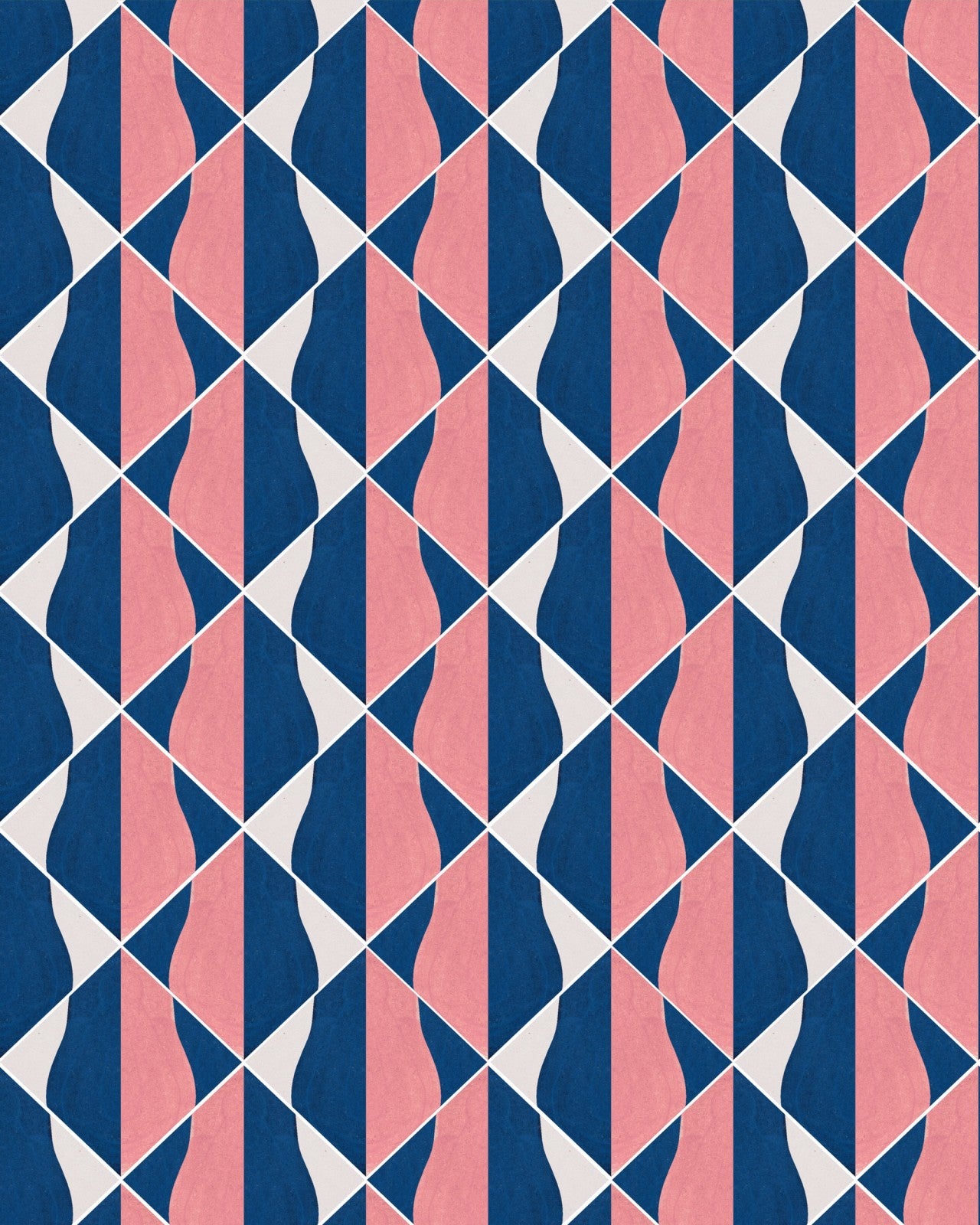 Geometric wallpaper with a modern design featuring pink, blue, and white diamond-shaped patterns