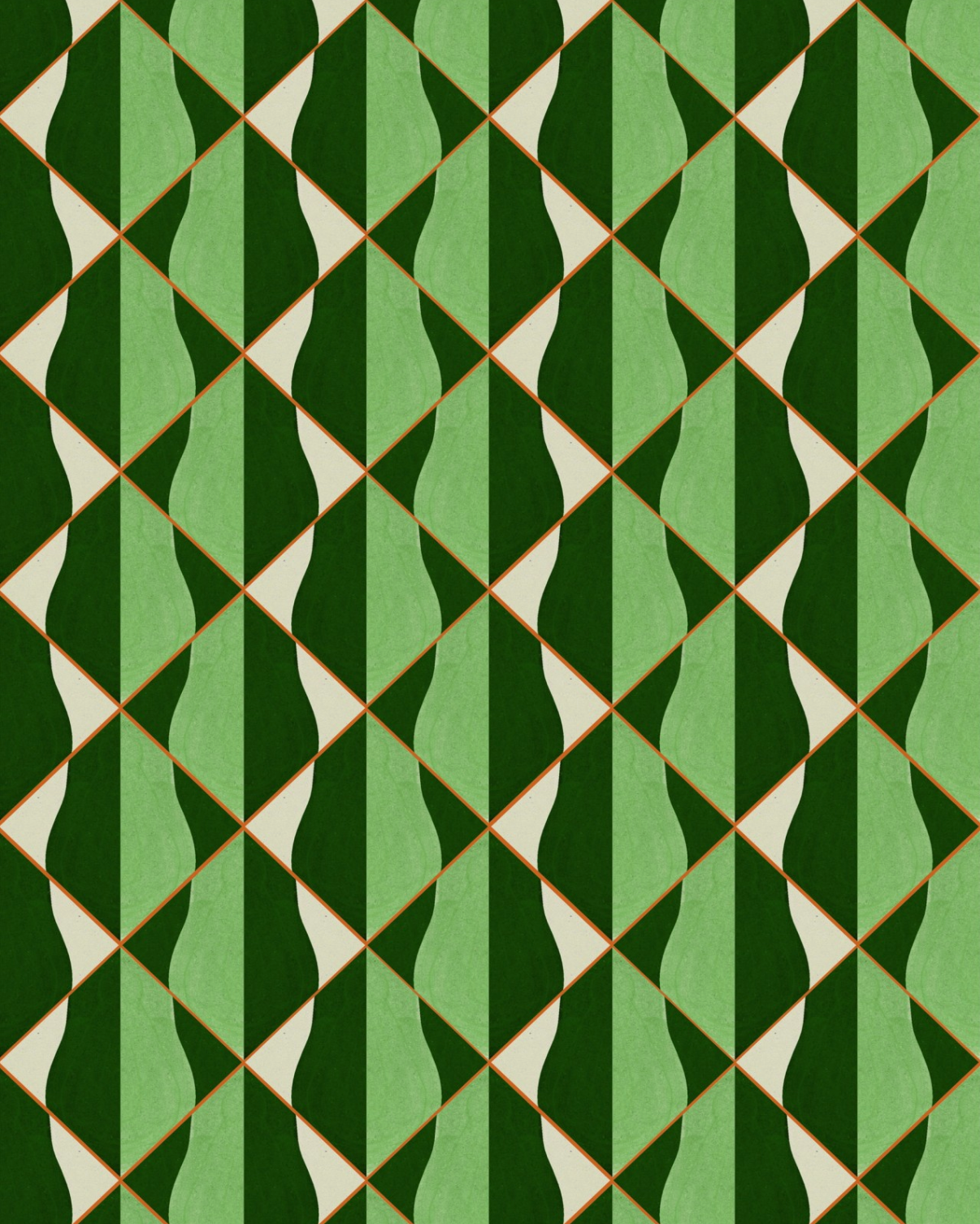 Geometric wallpaper with bold diamond patterns in rich green hues, accented by soft cream tones