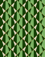 Geometric wallpaper with bold diamond patterns in rich green hues, accented by soft cream tones