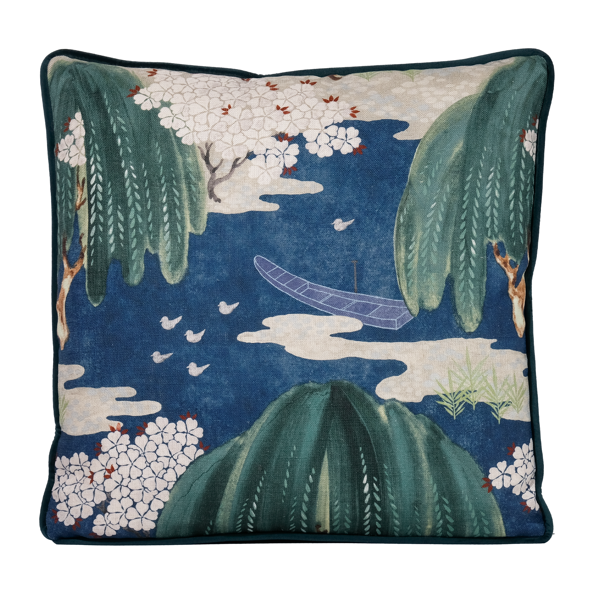 A square decorative throw pillow featuring an artistic Japanese-style print with a dark blue background, green willow trees, white cherry blossoms, and a small boat.