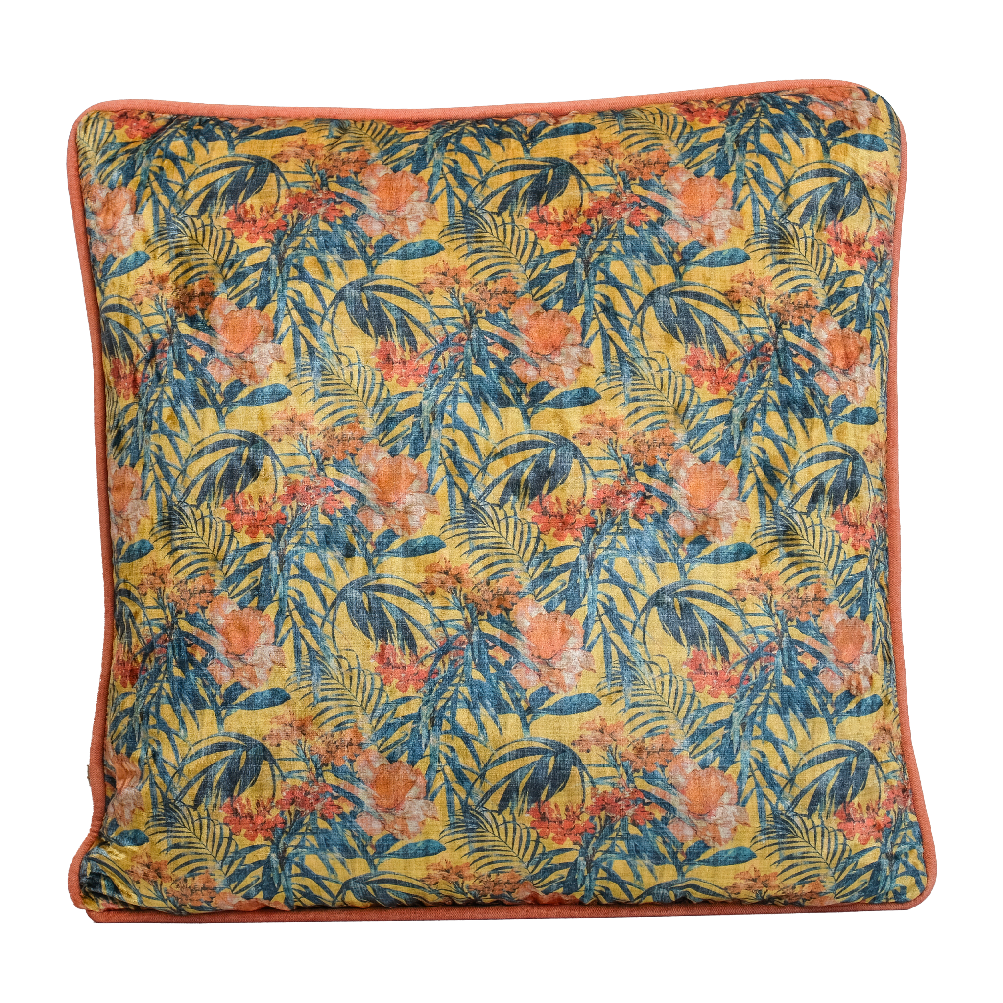 A square decorative throw pillow featuring a vibrant tropical pattern of blue palm leaves and orange flowers on a gold velvet background, finished with a contrasting apricot piped edge.