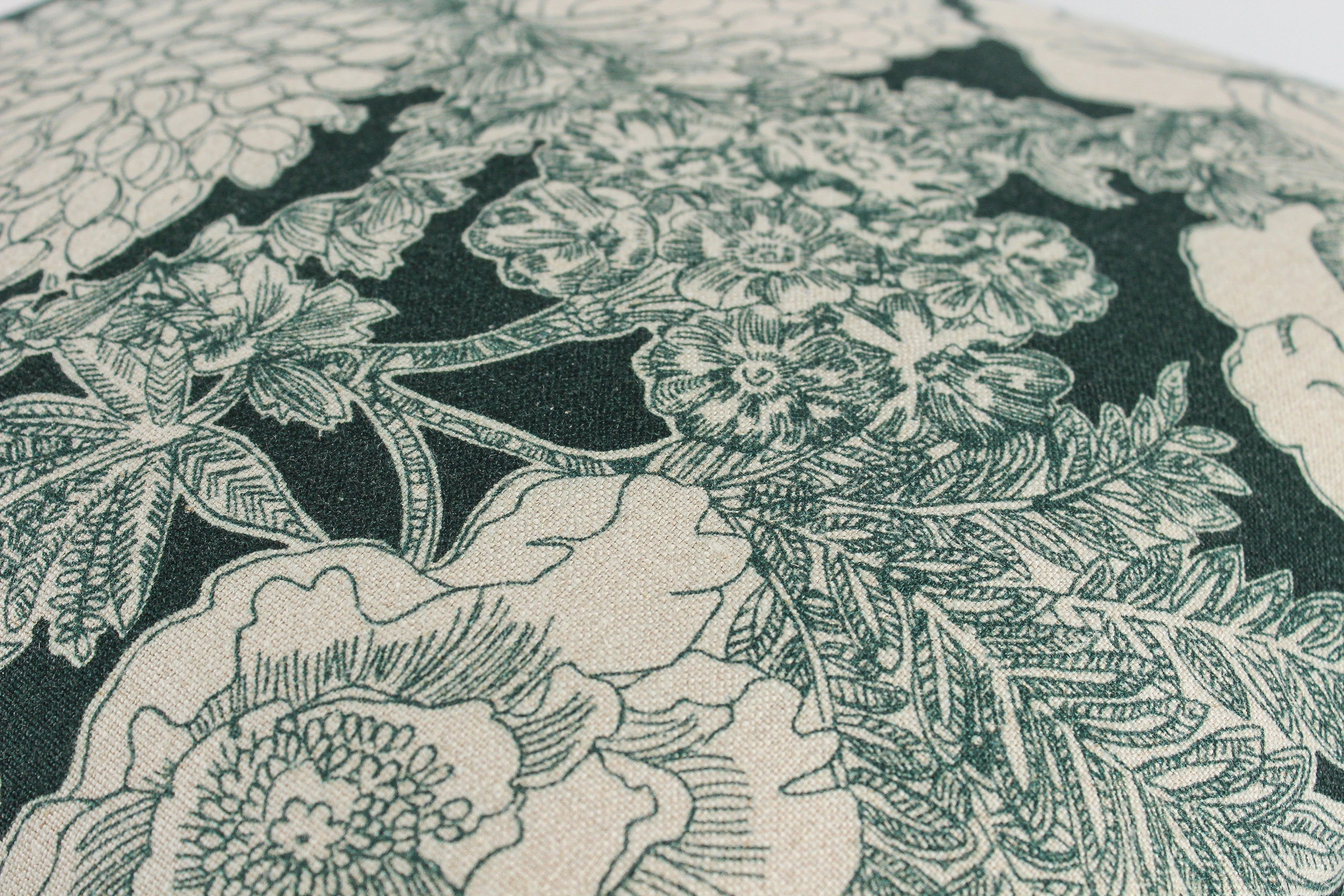 Close up of a printed floral linen in an aquamarine colour