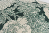 Close up of a printed floral linen in an aquamarine colour