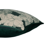 Side shot of an aquamarine coloured floral printed linen cushion