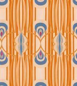 A bold geometric wallpaper with warm orange tones, blue and cream accents, featuring repeating curved and linear shapes