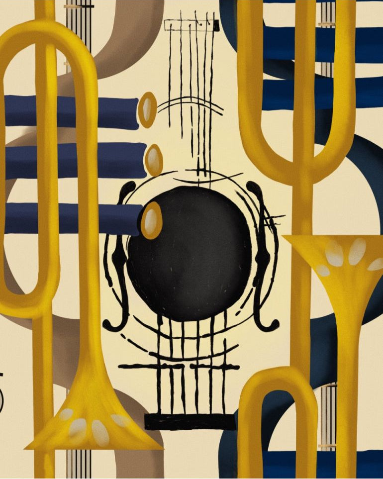 Abstract art featuring yellow and blue trumpets, black guitar, and layered geometric shapes on a cream background.