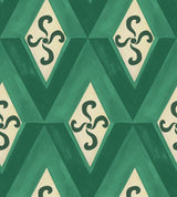 Bold green geometric wallpaper with diamond shapes and swirling motifs, creating a vintage-inspired, structured pattern with a rich, timeless feel.