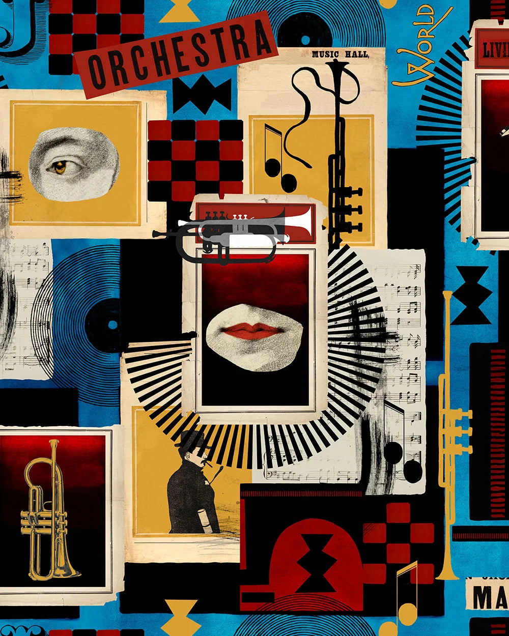 Eclectic collage-style wallpaper with jazz-themed motifs, trumpets, sheet music, piano keys, lips, eyes, and bold graphic shapes in blue, yellow, red.