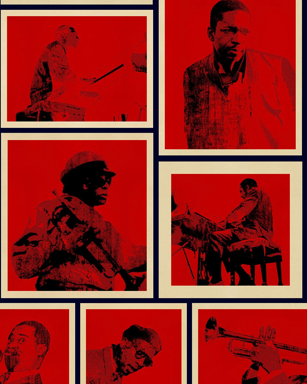 Close-up of red wallpaper with framed black-and-white portraits of jazz musicians playing trumpet, drums, and saxophone in a graphic style.