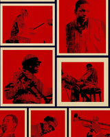 Close-up of red wallpaper with framed black-and-white portraits of jazz musicians playing trumpet, drums, and saxophone in a graphic style.