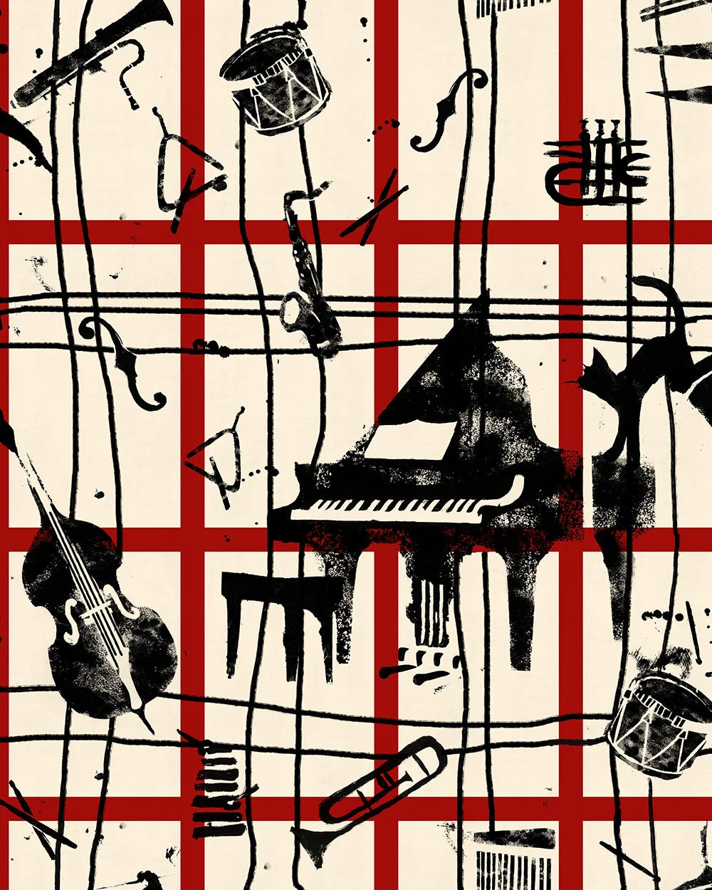 Wallpaper with red grid and black instruments including piano, violin, saxophone, trumpet on a cream background.