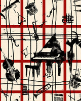 Wallpaper with red grid and black instruments including piano, violin, saxophone, trumpet on a cream background.