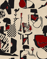 Full wallpaper design showing abstract jazz-inspired red, black, cream silhouettes, instruments, and geometric patterns.