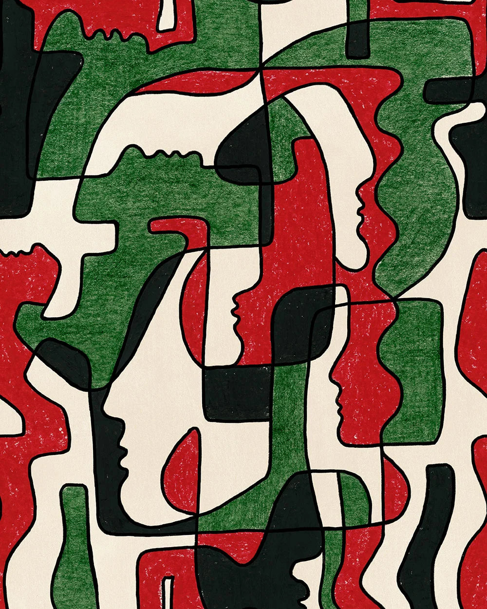 A close-up of a green, red and black abstract wallpaper with overlapping face profiles and curved shapes forming a seamless pattern.