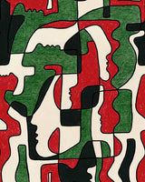 A close-up of a green, red and black abstract wallpaper with overlapping face profiles and curved shapes forming a seamless pattern.