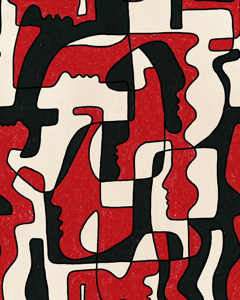 A close-up of a red and black abstract face print wallpaper pattern with overlapping profiles and bold geometric shapes.