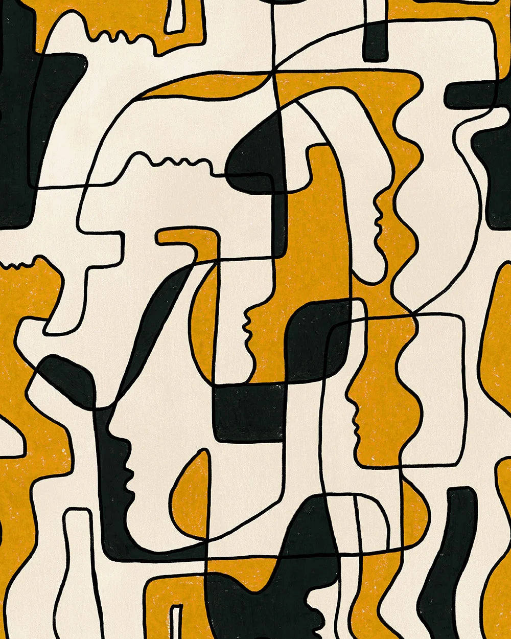 A vibrant abstract wallpaper with a saxophone, piano, hands and lips in bold red, blue, black and yellow shapes arranged in a playful collage style.