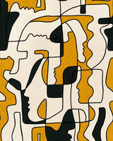 A vibrant abstract wallpaper with a saxophone, piano, hands and lips in bold red, blue, black and yellow shapes arranged in a playful collage style.