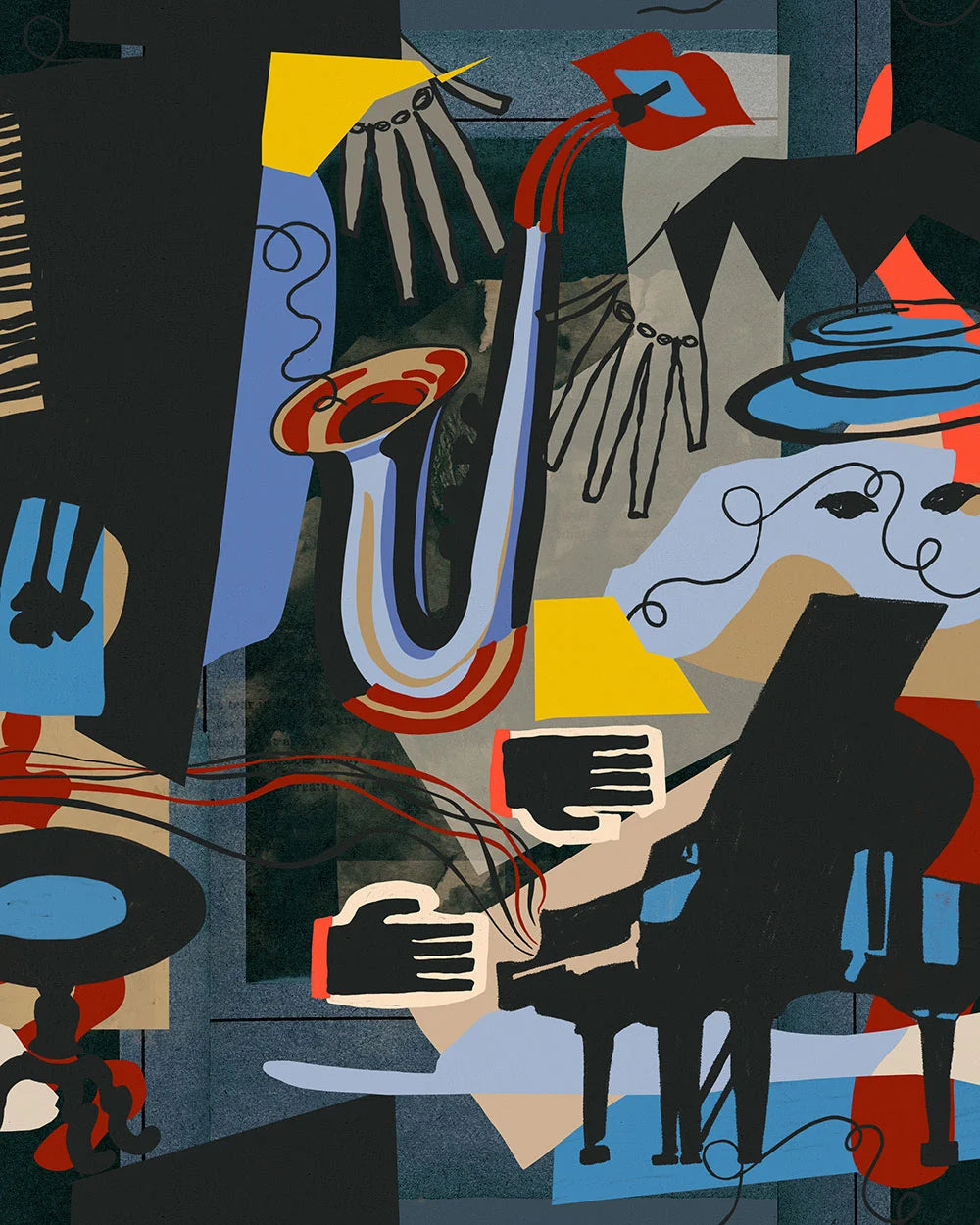 Bold collage of saxophone, piano, hands, lips, and abstract shapes in red, black, yellow, and blue.
