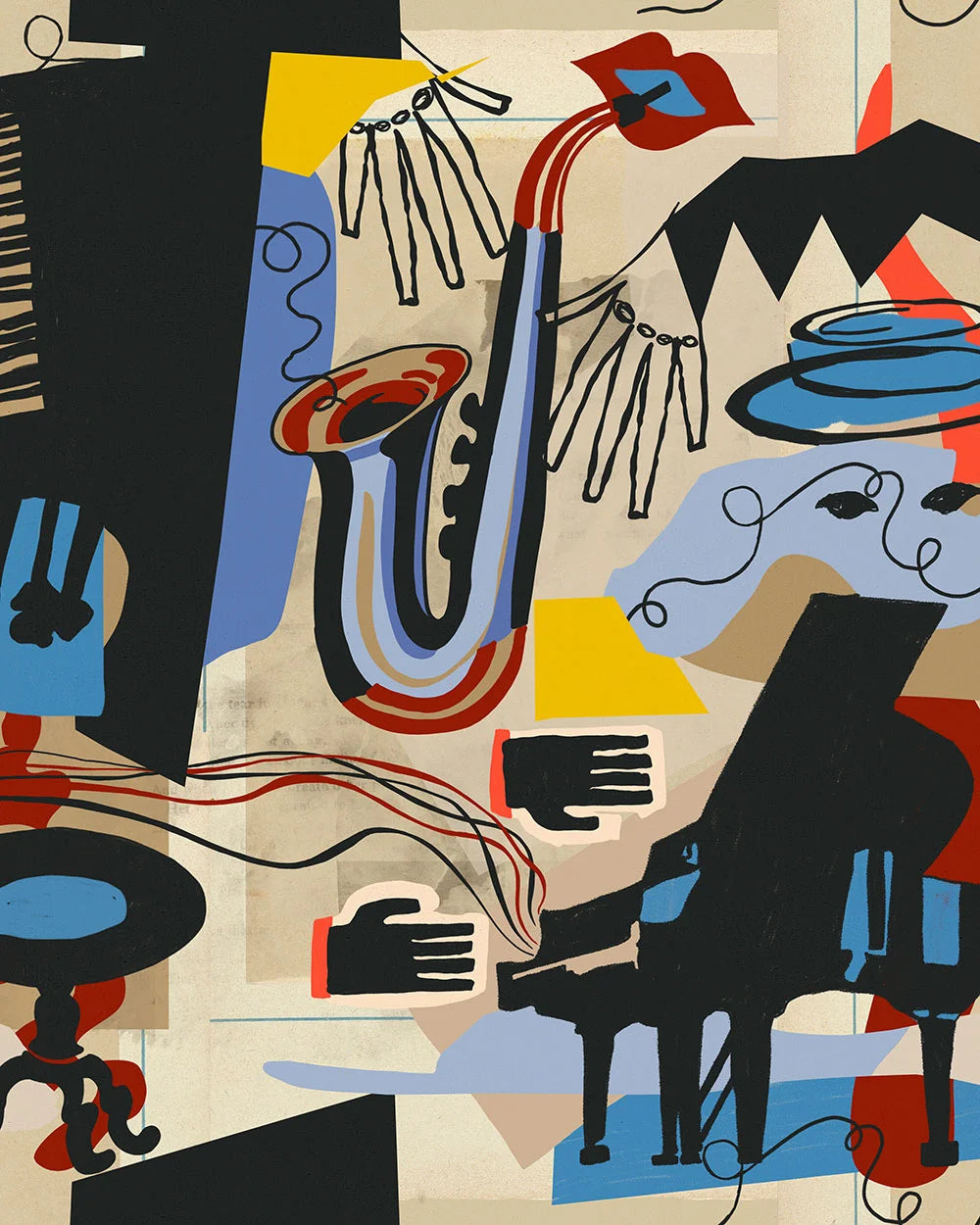 A living space with an eclectic mural-style wallpaper featuring a saxophone, piano, lips and abstract musical motifs in red, blue and yellow tones.