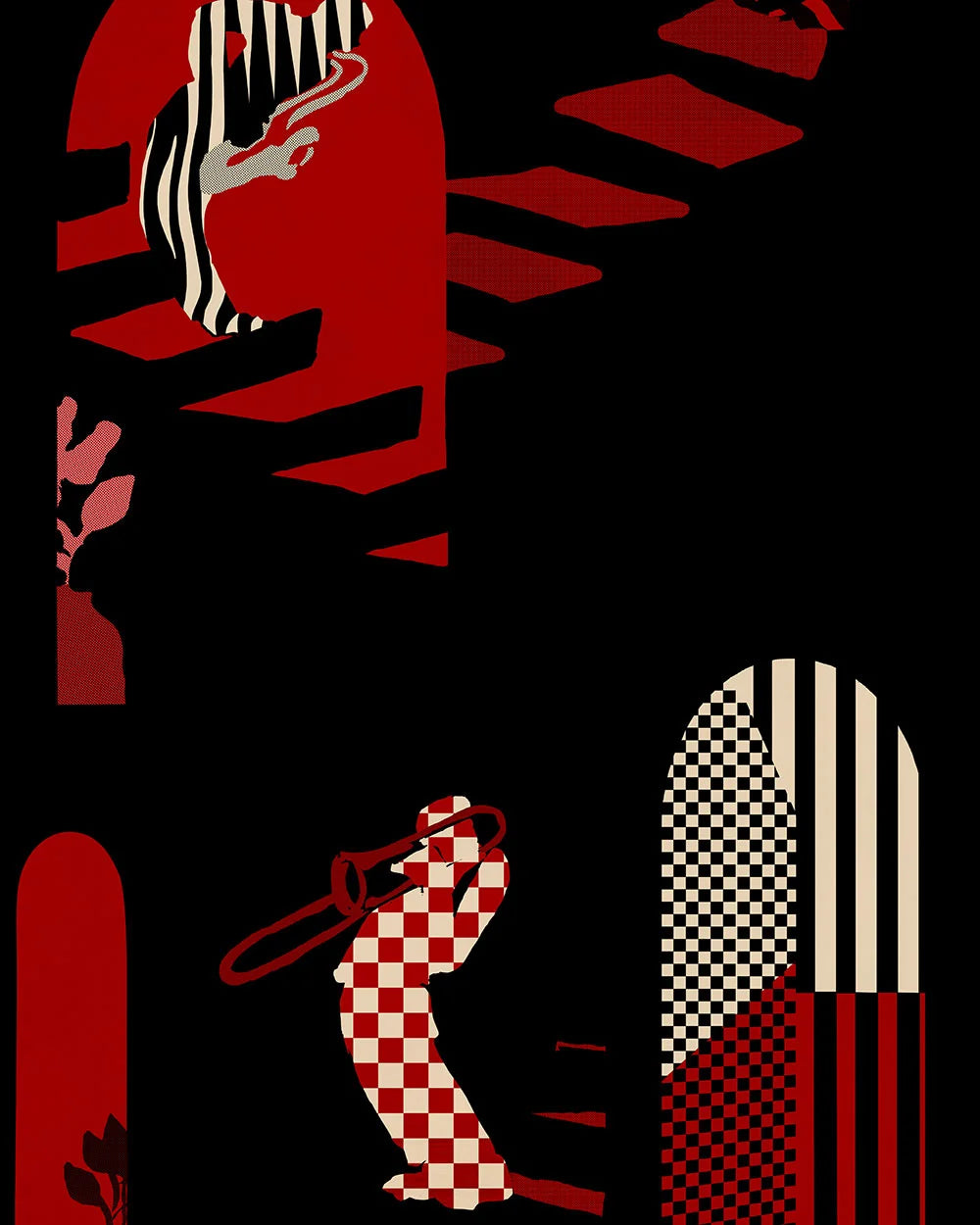 Abstract black-and-white drawing with geometric shapes, a face profile, grid patterns, and red-yellow accents.